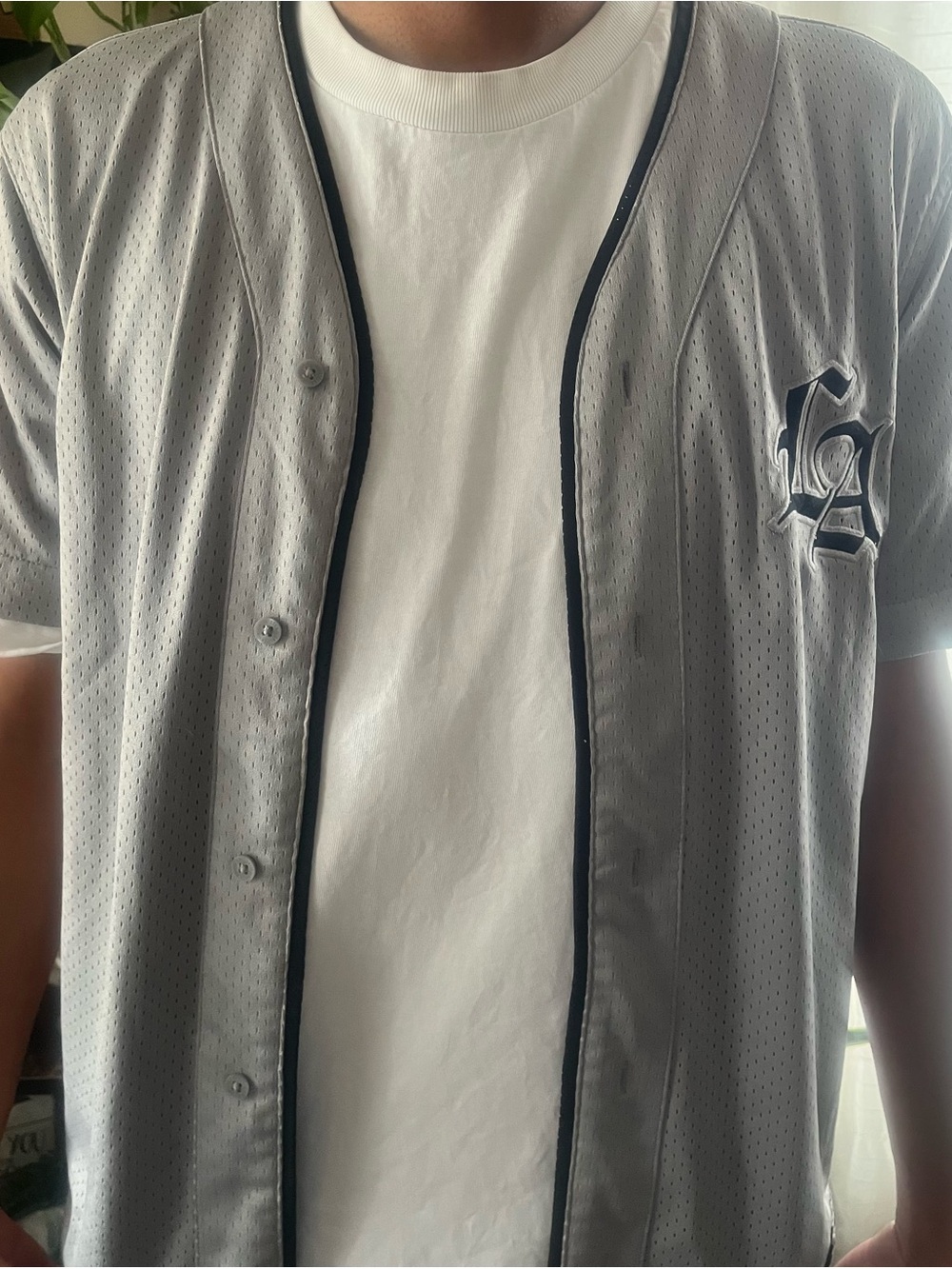 Hollister Gray Baseball-Style Button Front Jersey with Black Trim